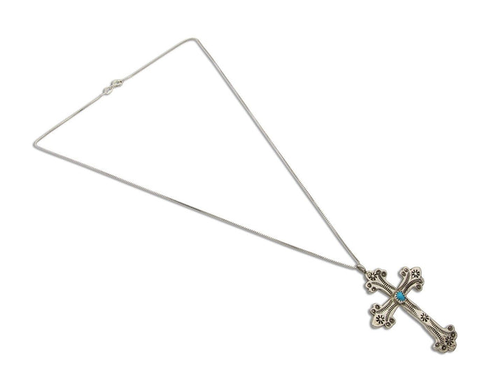 Navajo Cross Hand Stamped Necklace 925 Silver Turquoise Native Artist C.80's