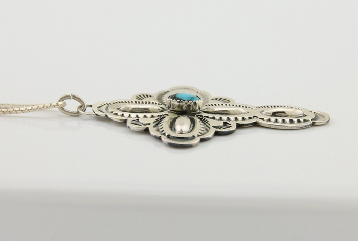 Navajo Cross Hand Stamped Necklace 925 Silver Turquoise Native Artist C.80's