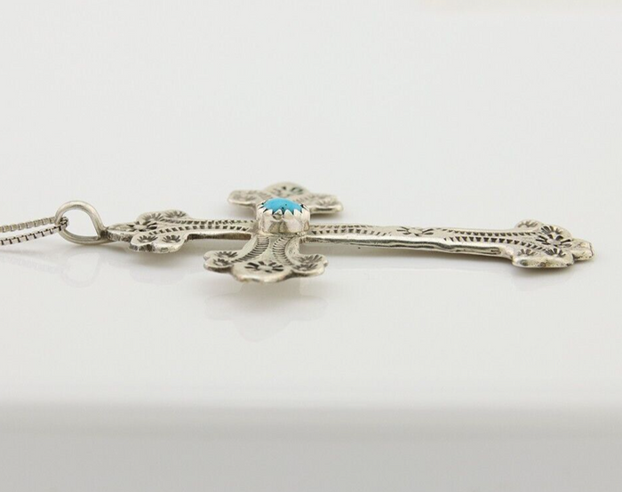 Navajo Cross Hand Stamped Necklace 925 Silver Turquoise Native Artist C.80's