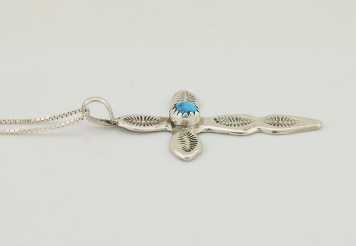 Navajo Cross Hand Stamped Necklace 925 Silver Turquoise Native Artist C.80s
