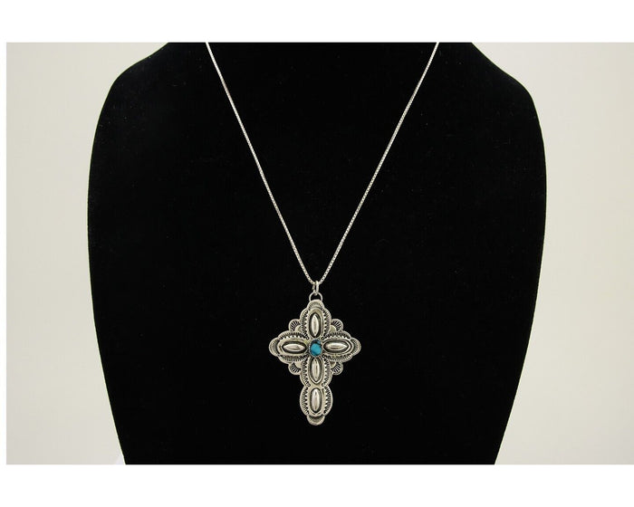 Navajo Cross Hand Stamped Necklace 925 Silver Turquoise Native Artist C.80's