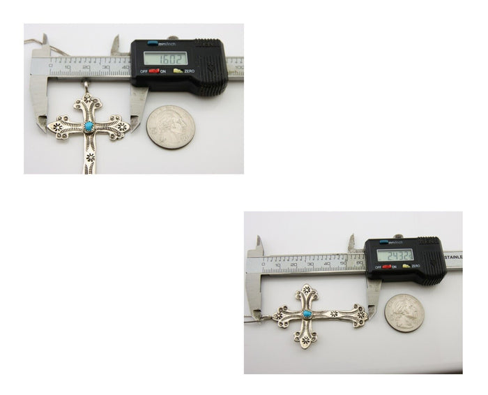 Navajo Cross Hand Stamped Necklace 925 Silver Turquoise Native Artist C.80's