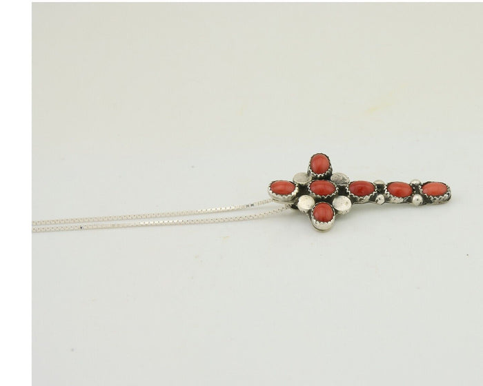 Navajo Cross Necklace 925 Silver Mediterranean Coral Native American Artist C80s