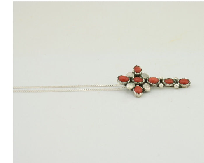 Navajo Cross Necklace 925 Silver Mediterranean Coral Native American Artist C80s