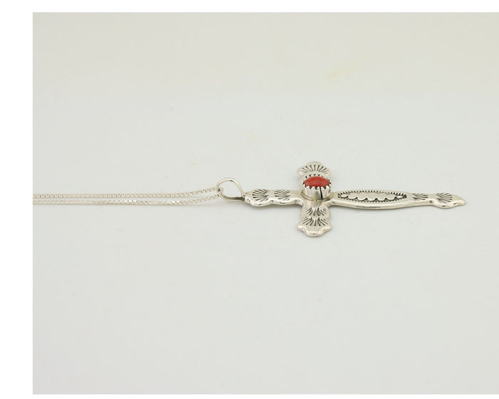 Navajo Cross Necklace 925 Silver Mediterranean Coral Native American Artist C80s