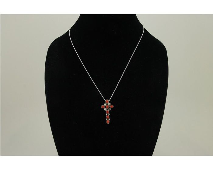 Navajo Cross Necklace 925 Silver Mediterranean Coral Native American Artist C80s