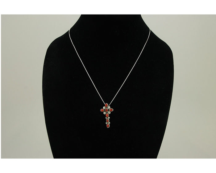 Navajo Cross Necklace 925 Silver Mediterranean Coral Native American Artist C80s