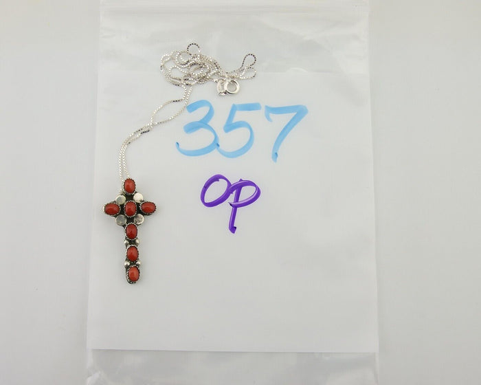 Navajo Cross Necklace 925 Silver Mediterranean Coral Native American Artist C80s