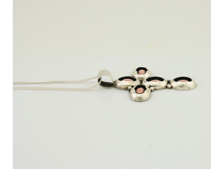 Navajo Cross Necklace 925 Silver Pink Coral Artist Signed G C80s