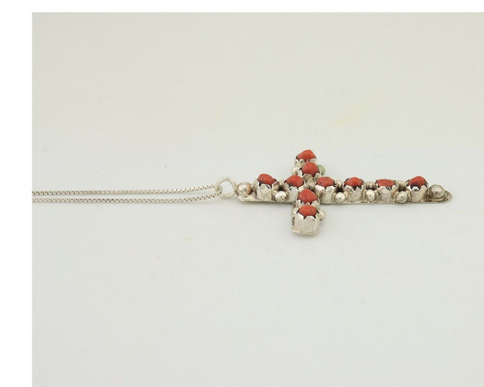 Navajo Cross Necklace 925 Silver Snake Eye Coral Native American Artist C80s