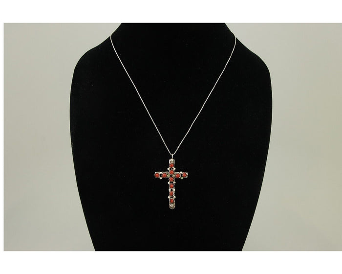 Navajo Cross Necklace 925 Silver Snake Eye Coral Native American Artist C80s