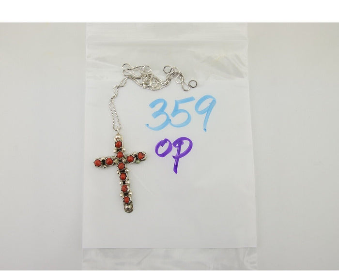 Navajo Cross Necklace 925 Silver Snake Eye Coral Native American Artist C80s