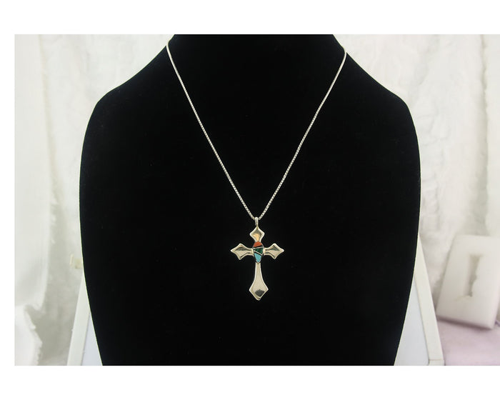 Navajo Cross Necklace Sterling Silver Authentic Natural Gemstones Signed M