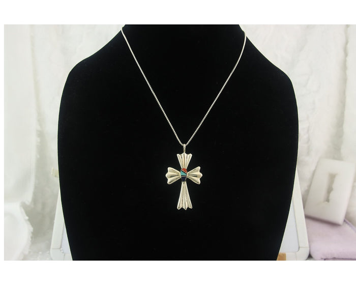 Navajo Cross Necklace Sterling Silver Authentic Natural Gemstones Signed M