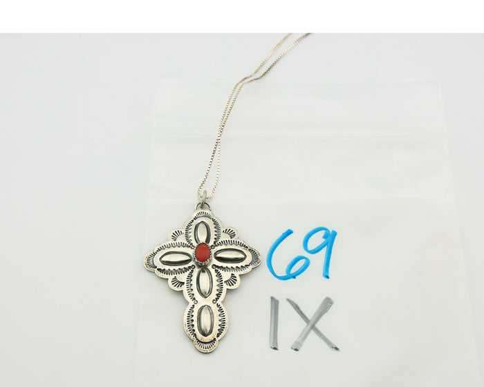 Navajo Cross Necklace Sterling Silver Snake Eye Coral Authentic Handstamped