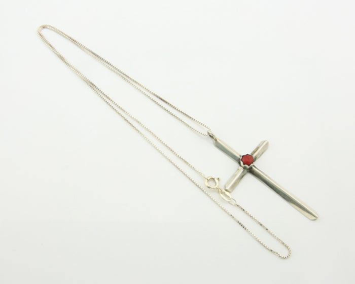 Navajo Cross Necklace Sterling Silver Snake Eye Coral Authentic Native Artist