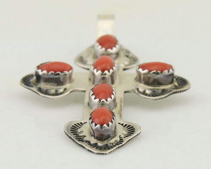 Navajo Cross Pendant 925 Silver Mediterranean Coral Artist Signed CB C.80's