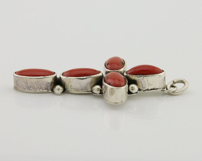 Navajo Cross Pendant 925 Silver Mediterranean Coral Signed J Tso C.80s