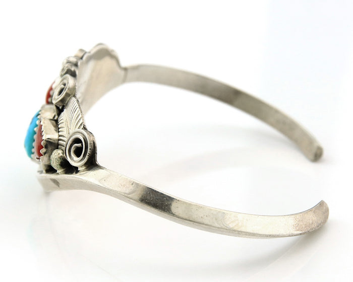 Navajo Cuff Bracelet Sterling Silver Natural Coral Turquoise Sign Justin Morris