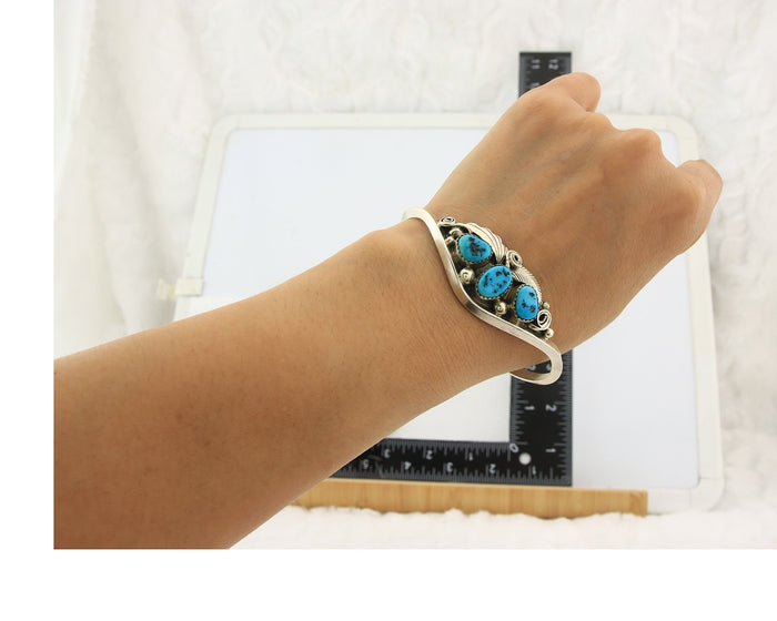 Navajo Cuff Bracelet Sterling Silver Natural Turquoise Signed Justin Morris