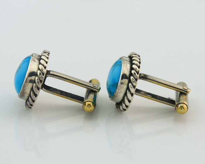 Navajo Cufflinks 925 Silver Native American Artist Natural Turquoise C.80's