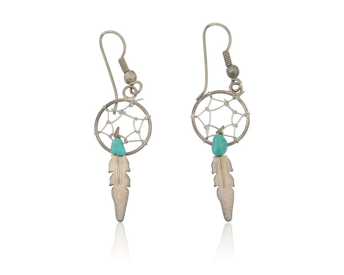 Navajo Dangle Dream Catcher Earrings 925 Silver Blue Turquoise Native Artist C80