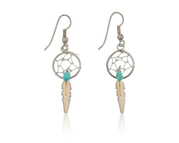 Navajo Dangle Dream Catcher Earrings 925 Silver Blue Turquoise Native Artist C80