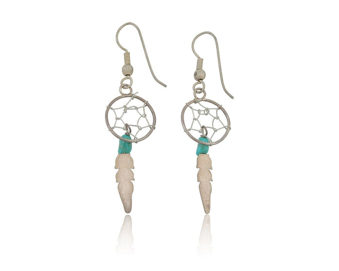 Navajo Dangle Dream Catcher Earrings 925 Silver Blue Turquoise Native Artist C80