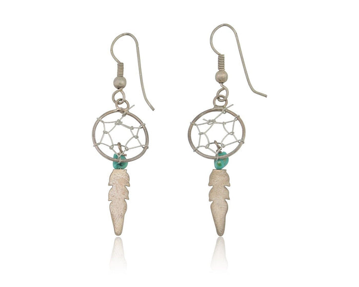 Navajo Dangle Dream Catcher Earrings 925 Silver Blue Turquoise Native Artist C80