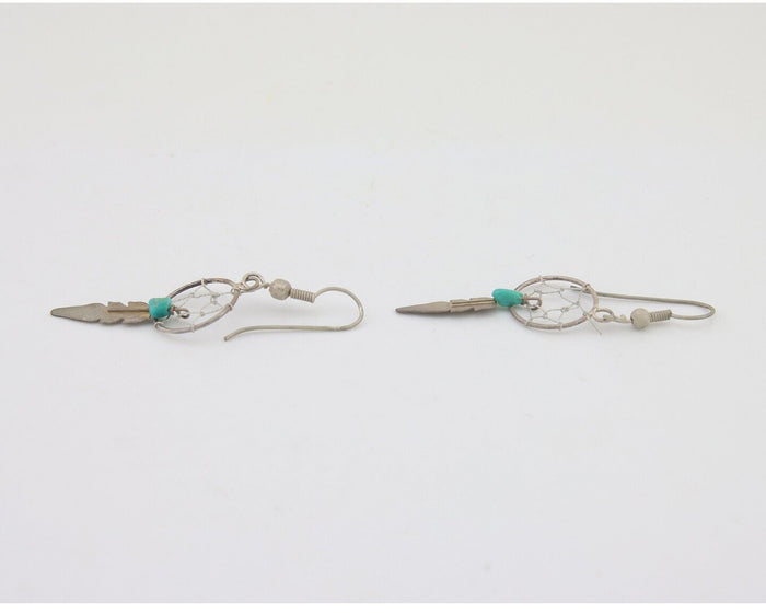 Navajo Dangle Dream Catcher Earrings 925 Silver Blue Turquoise Native Artist C80