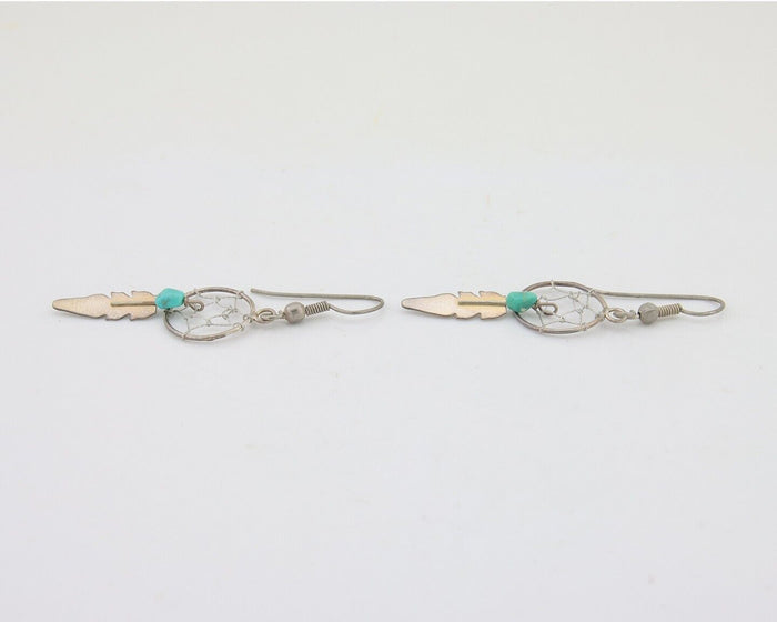 Navajo Dangle Dream Catcher Earrings 925 Silver Blue Turquoise Native Artist C80