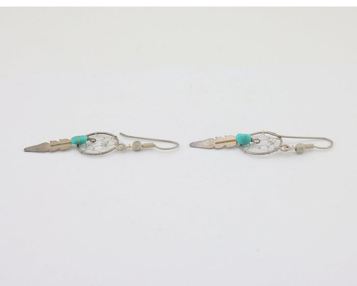 Navajo Dangle Dream Catcher Earrings 925 Silver Blue Turquoise Native Artist C80