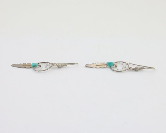 Navajo Dangle Dream Catcher Earrings 925 Silver Blue Turquoise Native Artist C80