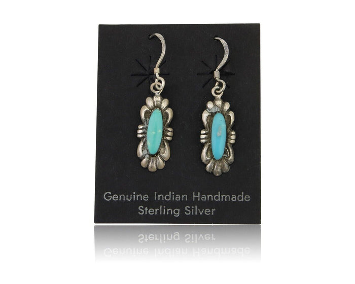Navajo Dangle Earrings 925 Silver Blue Turquoise Artist Signed Square C.80's