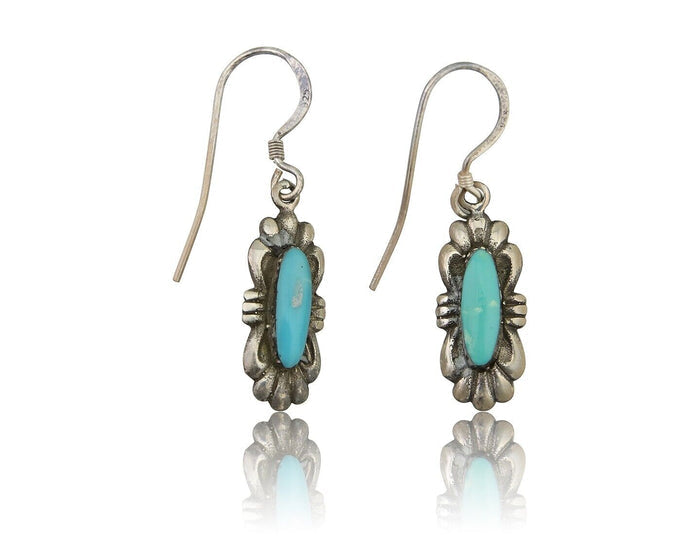 Navajo Dangle Earrings 925 Silver Blue Turquoise Artist Signed Square C.80's