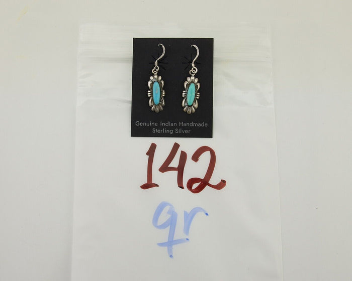 Navajo Dangle Earrings 925 Silver Blue Turquoise Artist Signed Square C.80's
