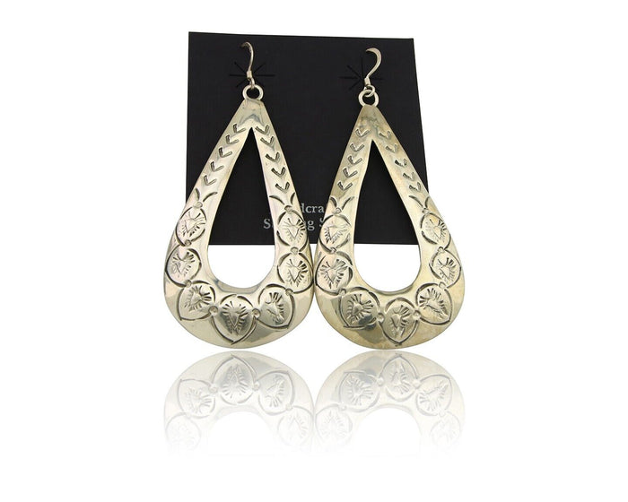 Navajo Dangle Earrings 925 Silver Hand Stamped Native American Artist C.80's