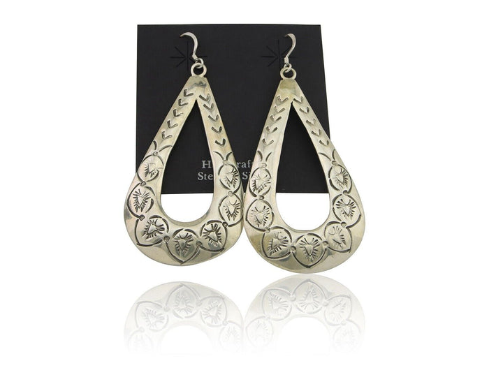 Navajo Dangle Earrings 925 Silver Hand Stamped Native American Artist C.80's