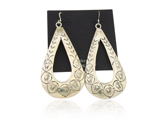 Navajo Dangle Earrings 925 Silver Hand Stamped Native American Artist C.80's