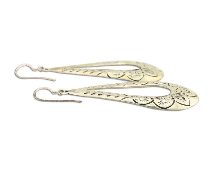 Navajo Dangle Earrings 925 Silver Hand Stamped Native American Artist C.80's