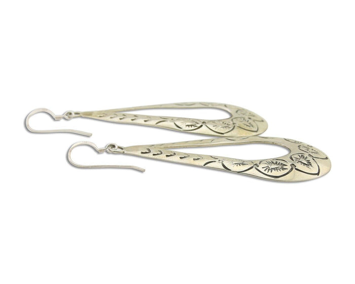Navajo Dangle Earrings 925 Silver Hand Stamped Native American Artist C.80's