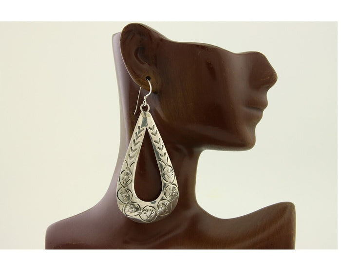 Navajo Dangle Earrings 925 Silver Hand Stamped Native American Artist C.80's
