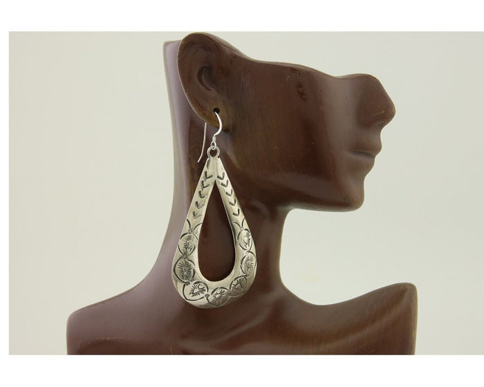 Navajo Dangle Earrings 925 Silver Hand Stamped Native American Artist C.80's