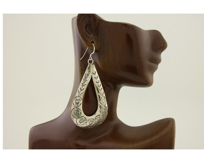 Navajo Dangle Earrings 925 Silver Hand Stamped Native American Artist C.80's