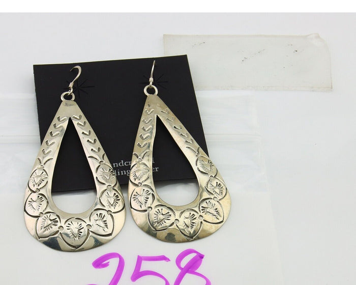 Navajo Dangle Earrings 925 Silver Hand Stamped Native American Artist C.80's
