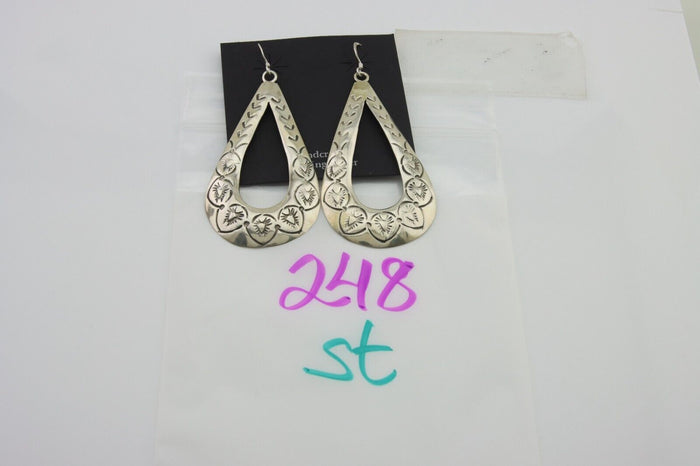 Navajo Dangle Earrings 925 Silver Hand Stamped Native American Artist C.80's