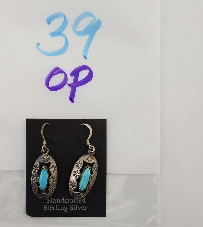 Navajo Dangle Earrings 925 Silver Natural Blue Turquoise Artist IJC C.80's