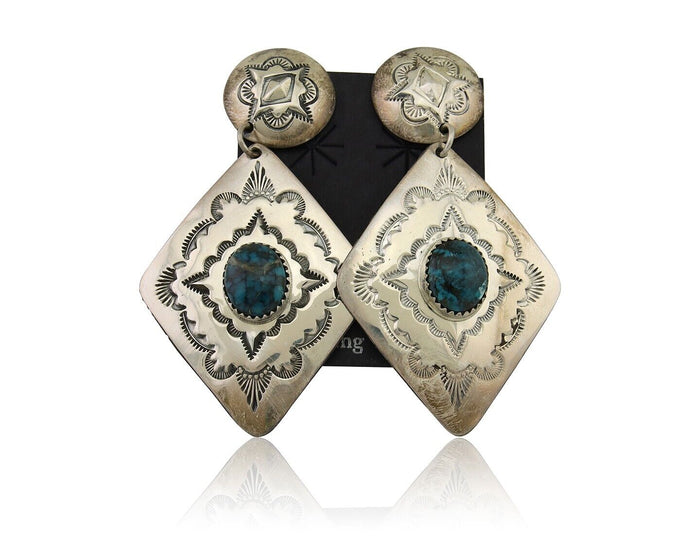 Navajo Dangle Earrings 925 Silver Natural Blue Turquoise Artist Signed LS C.80's