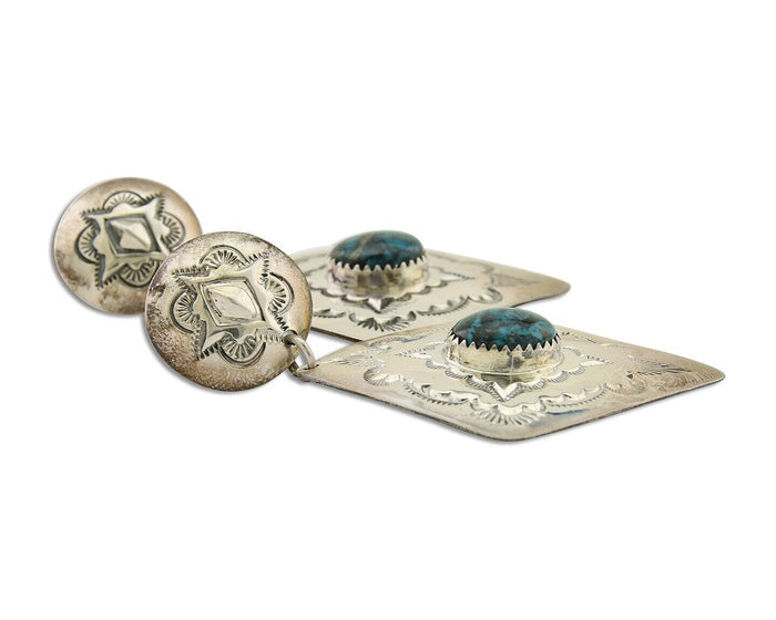 Navajo Dangle Earrings 925 Silver Natural Blue Turquoise Artist Signed LS C.80's
