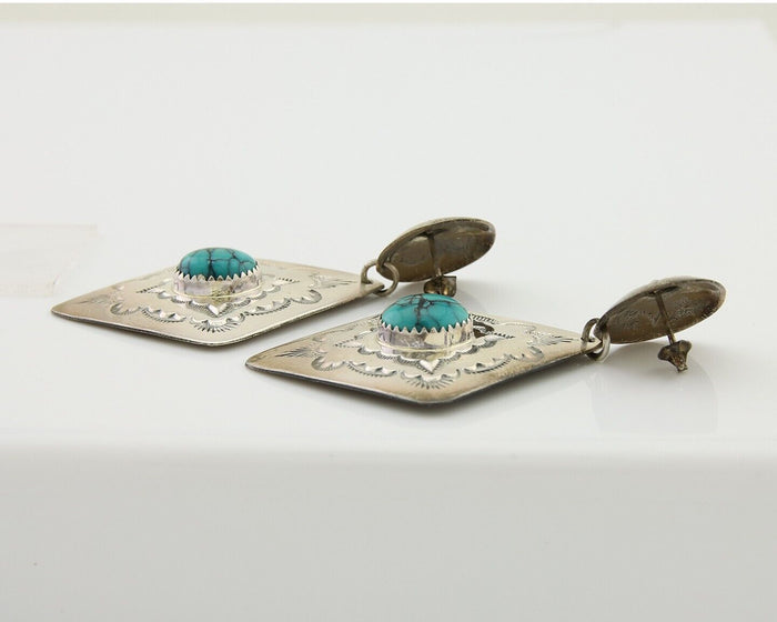 Navajo Dangle Earrings 925 Silver Natural Blue Turquoise Artist Signed LS C.80's